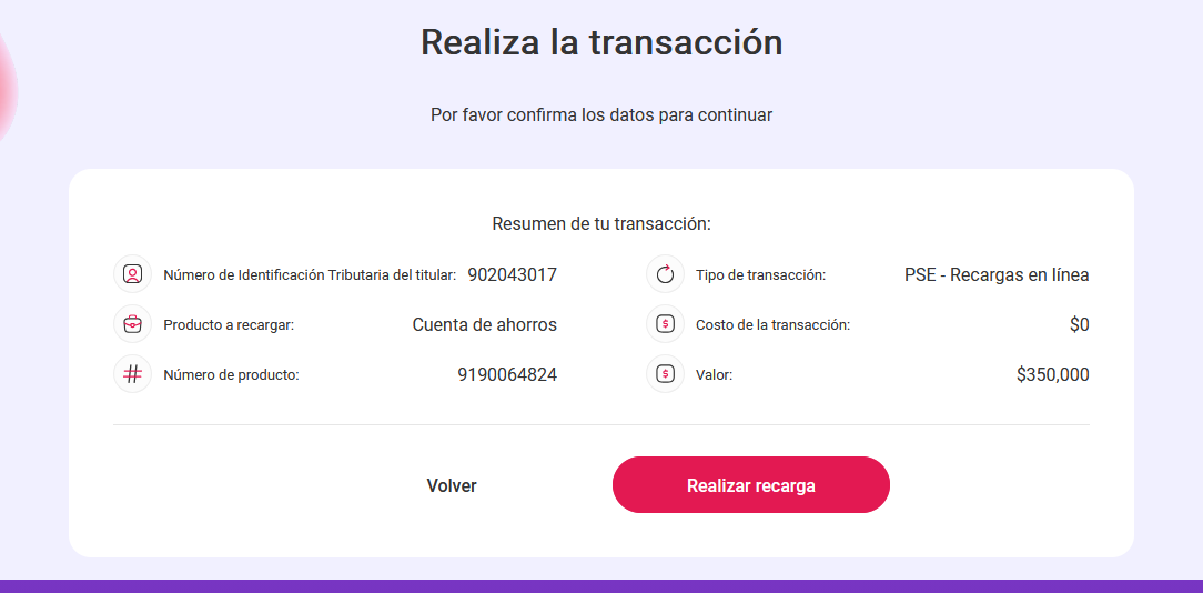 Resumen de la transacción antes de confirmar