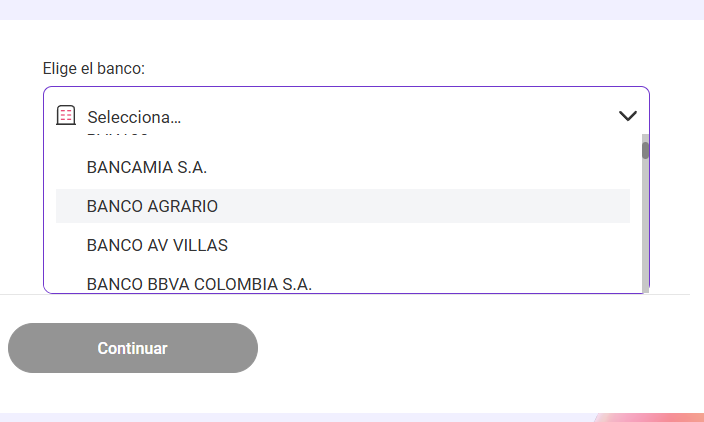 Lista desplegable de bancos para elegir el banco de origen del pago