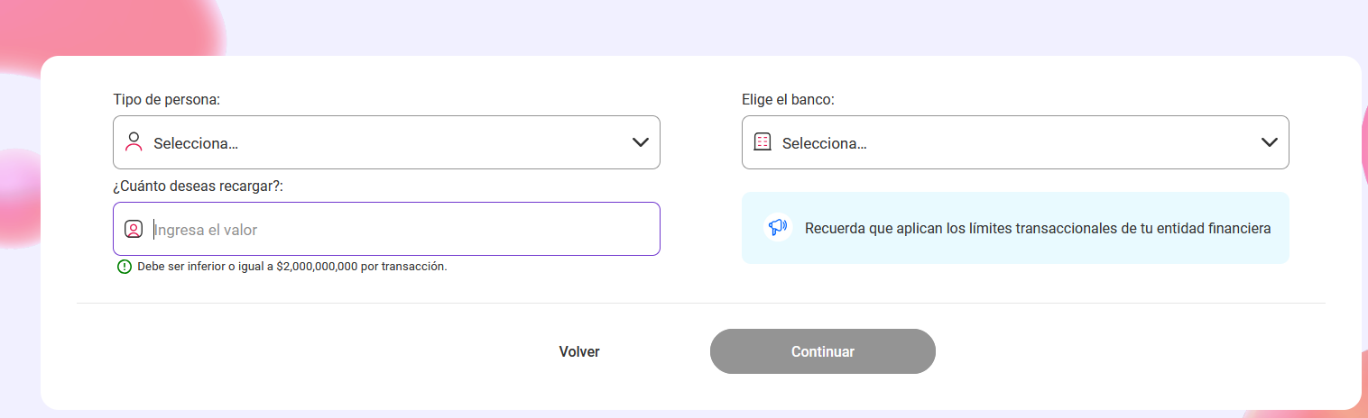 Campo para ingresar el valor de la recarga/donación