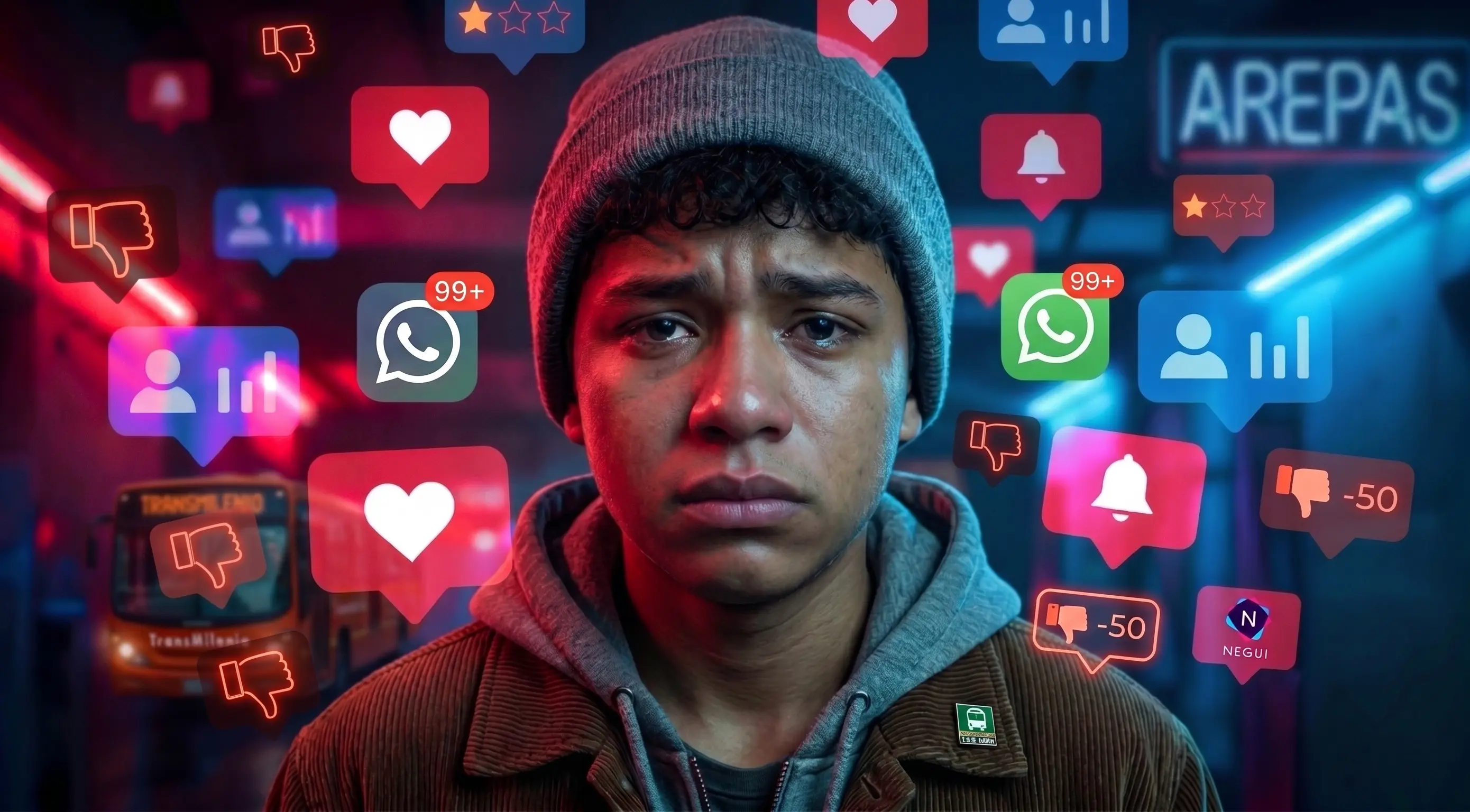 Adolescente rodeado de notificaciones de redes sociales