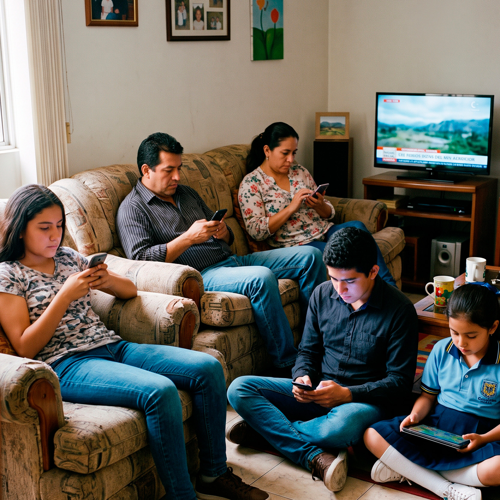 Familia en la sala, cada quien absorto en su pantalla
